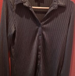 Black Ribbed Button-Up Shirt